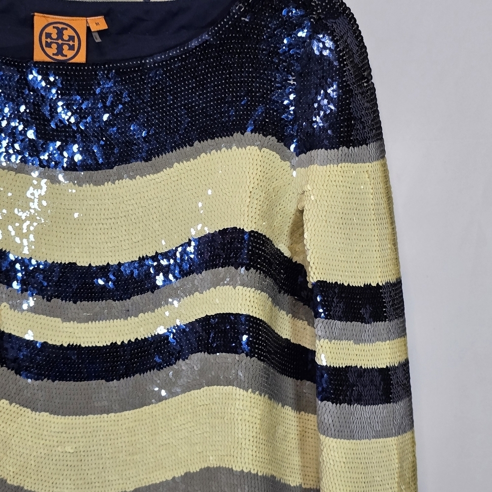 Tory Burch Navy Cream Sequin 3/4 Sleeve Blouse Formal Special Event Top, Sz M - Picture 4 of 11
